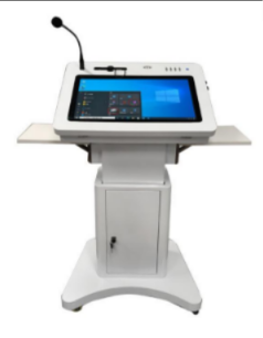 Tralltech T-PDM smart podium, touchscreen digital lectern with electric lift and dual gooseneck microphones