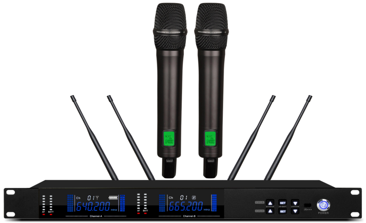 Tralltech T-AUD-MIC UHF dual-channel wireless microphone system with two handheld microphones and true-diversity receiver
