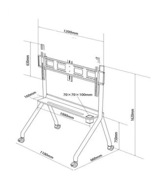 Tralltech mobile stand dimensions diagram — 1200mm width, 610mm VESA, 1620mm height, 1100mm base, lockable casters
