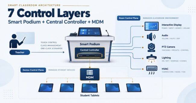 Smart classroom control system architecture with smart podium, central controller, MDM and student tablets