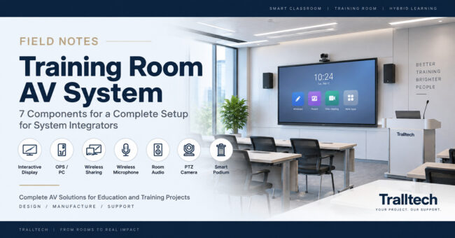 Training room AV system with interactive display, PTZ camera, room audio and smart podium