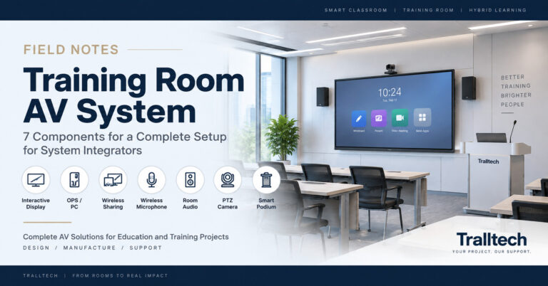 Training room AV system with interactive display, PTZ camera, room audio and smart podium