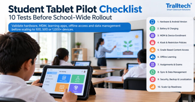 Student tablet pilot checklist covering 10 acceptance tests before school-wide rollout