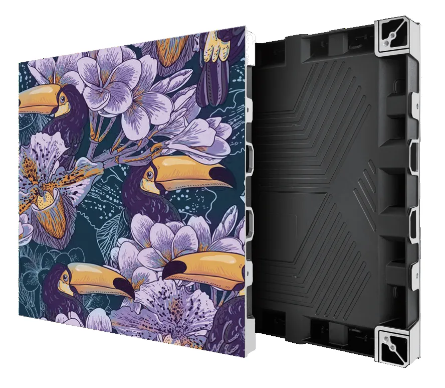 Indoor modular LED display front module and die-cast aluminum cabinet rear view, factory product photo